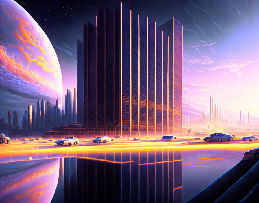 Futuristic cityscape with skyscrapers, giant moon, flying cars, and vibrant sunset