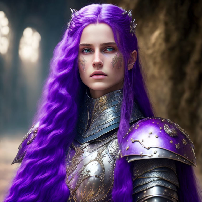 Fantasy elf warrior with purple hair, blue eyes, and silver armor in mystical forest