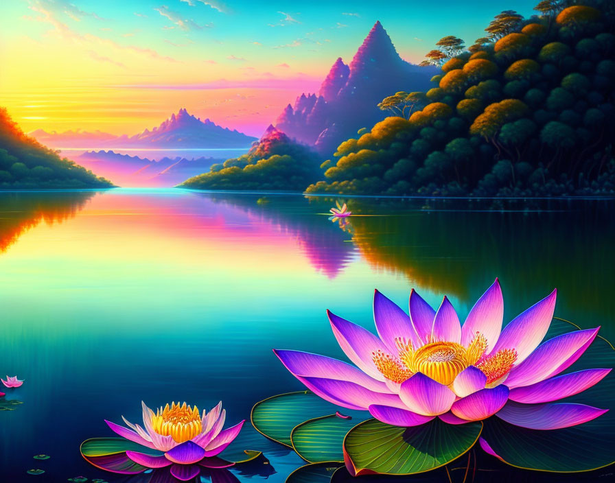 Serene lake with blooming lotuses at sunrise in vibrant digital artwork