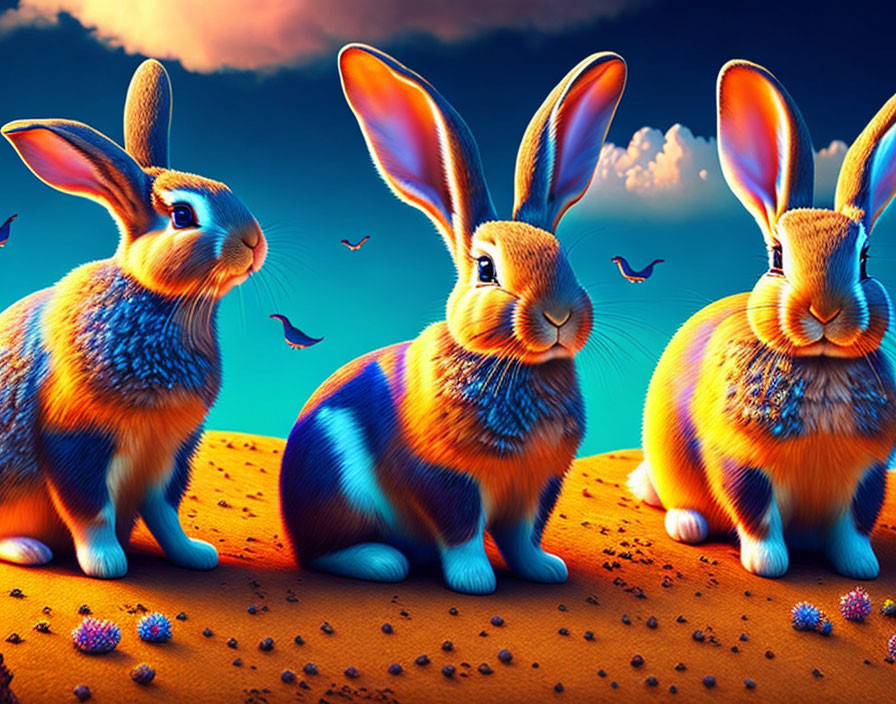 Colorful rabbits in surreal desert with blue sky & birds