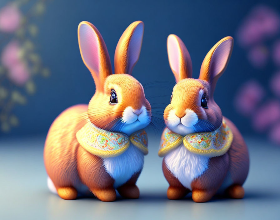 Vibrant orange and blue animated rabbits on floral blue background