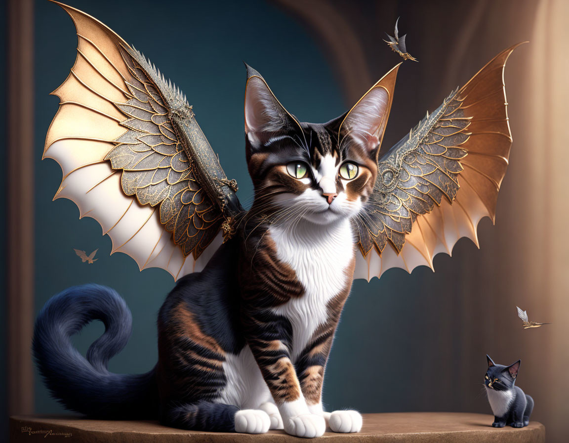 Digital artwork of regal cat with golden dragonfly wings beside smaller admiring cat