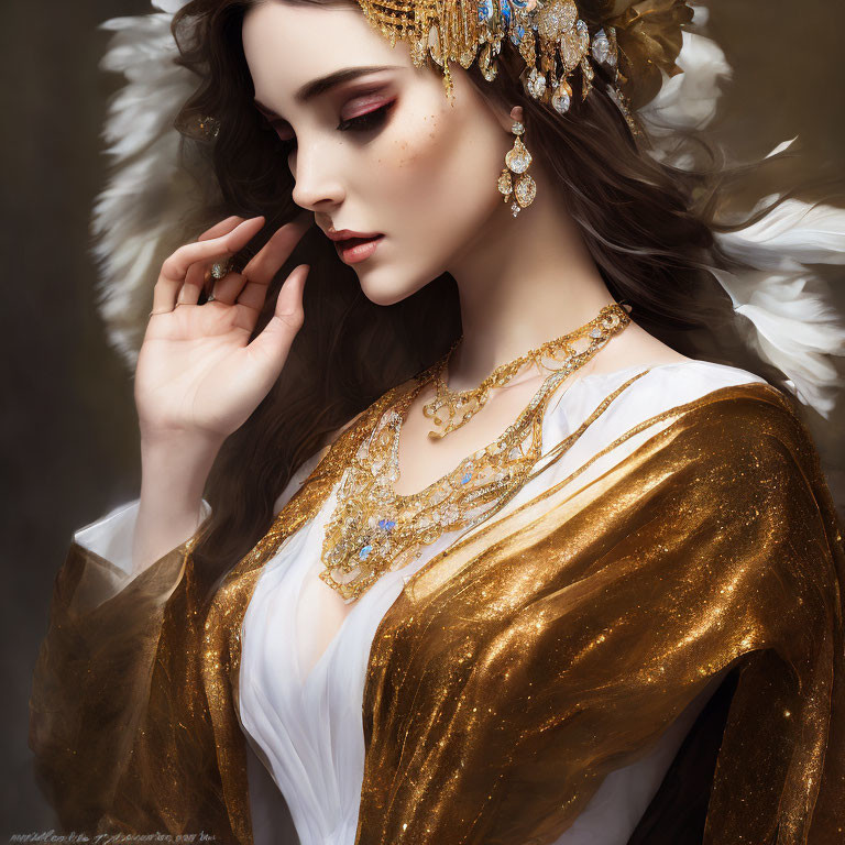 Ethereal woman with dark hair, golden wings, and regal attire.