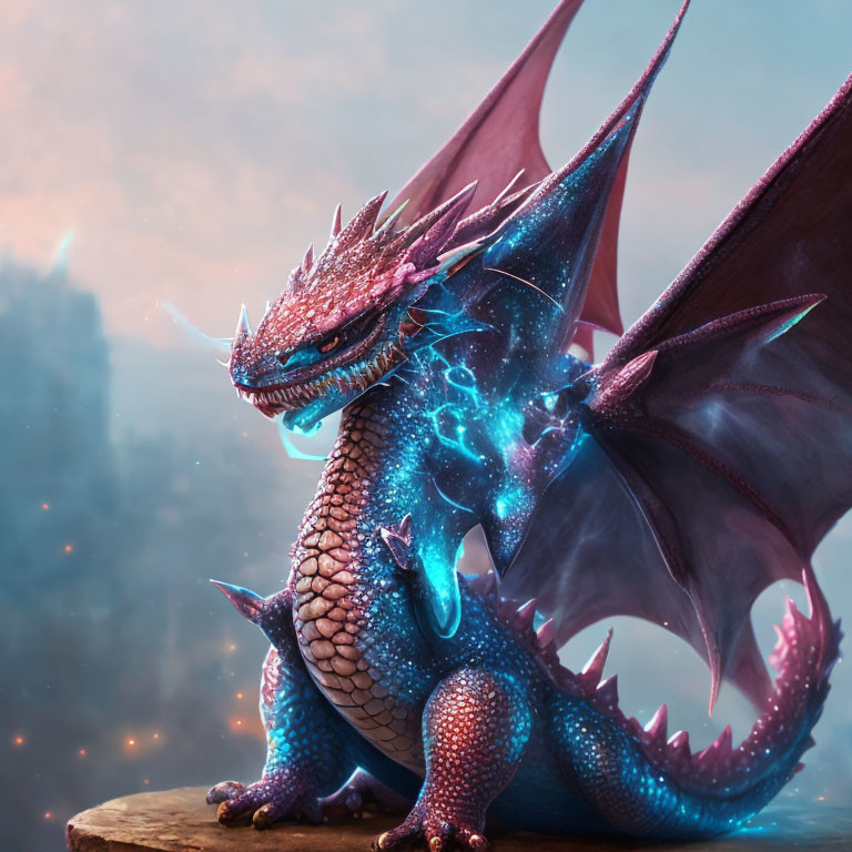 Blue dragon with pink spikes on rock against cityscape.