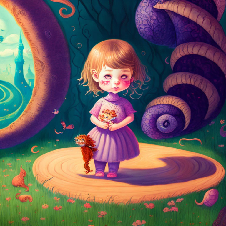 Illustration of sad girl with plush tiger on snail-filled pathway