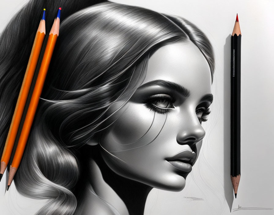 Grayscale woman illustration with colorful pencils contrast