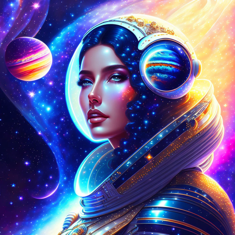 Colorful cosmic-themed woman illustration with space suit helmet and celestial bodies.