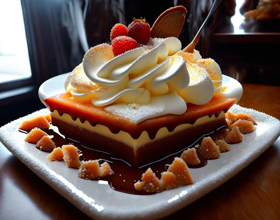 Decadent caramel cheesecake with whipped cream, strawberries, and chocolate on white plate