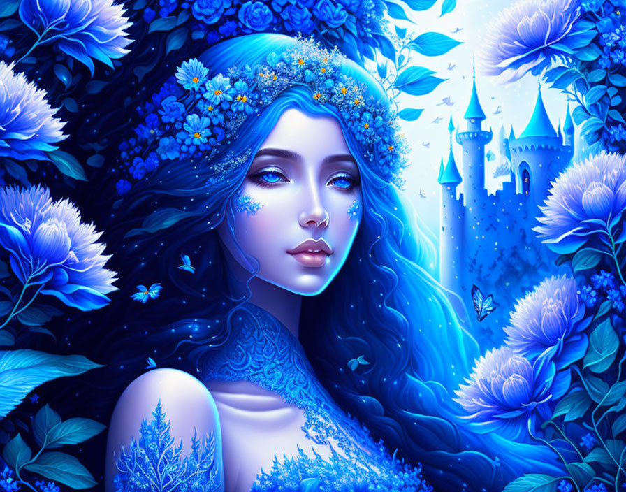 Fantastical illustration of woman with blue flowers and glitter in front of whimsical castle surrounded by flora