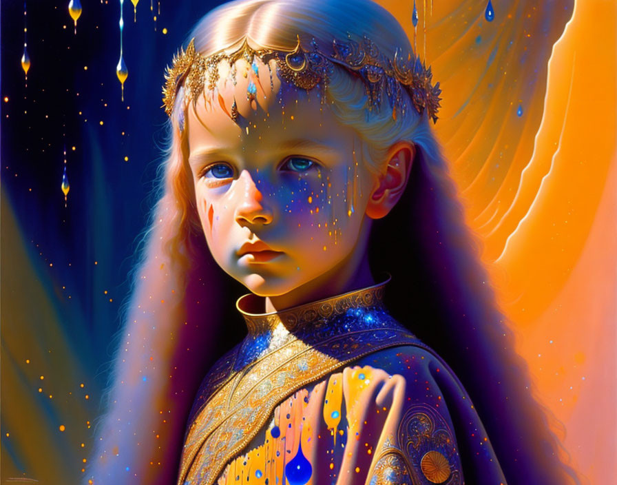 Intricate blue and gold face paint on child against vibrant backdrop