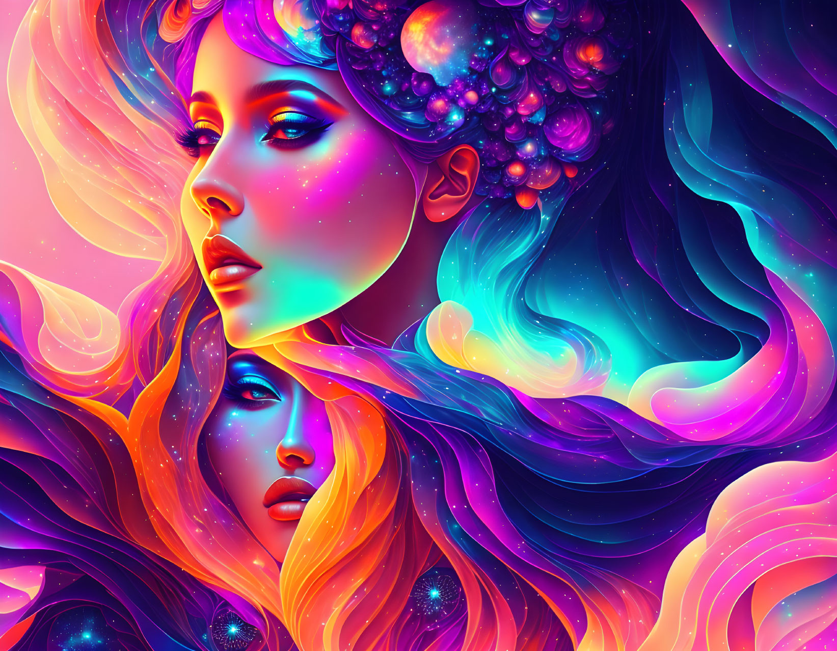 Colorful digital artwork: Two women with flowing hair in cosmic setting