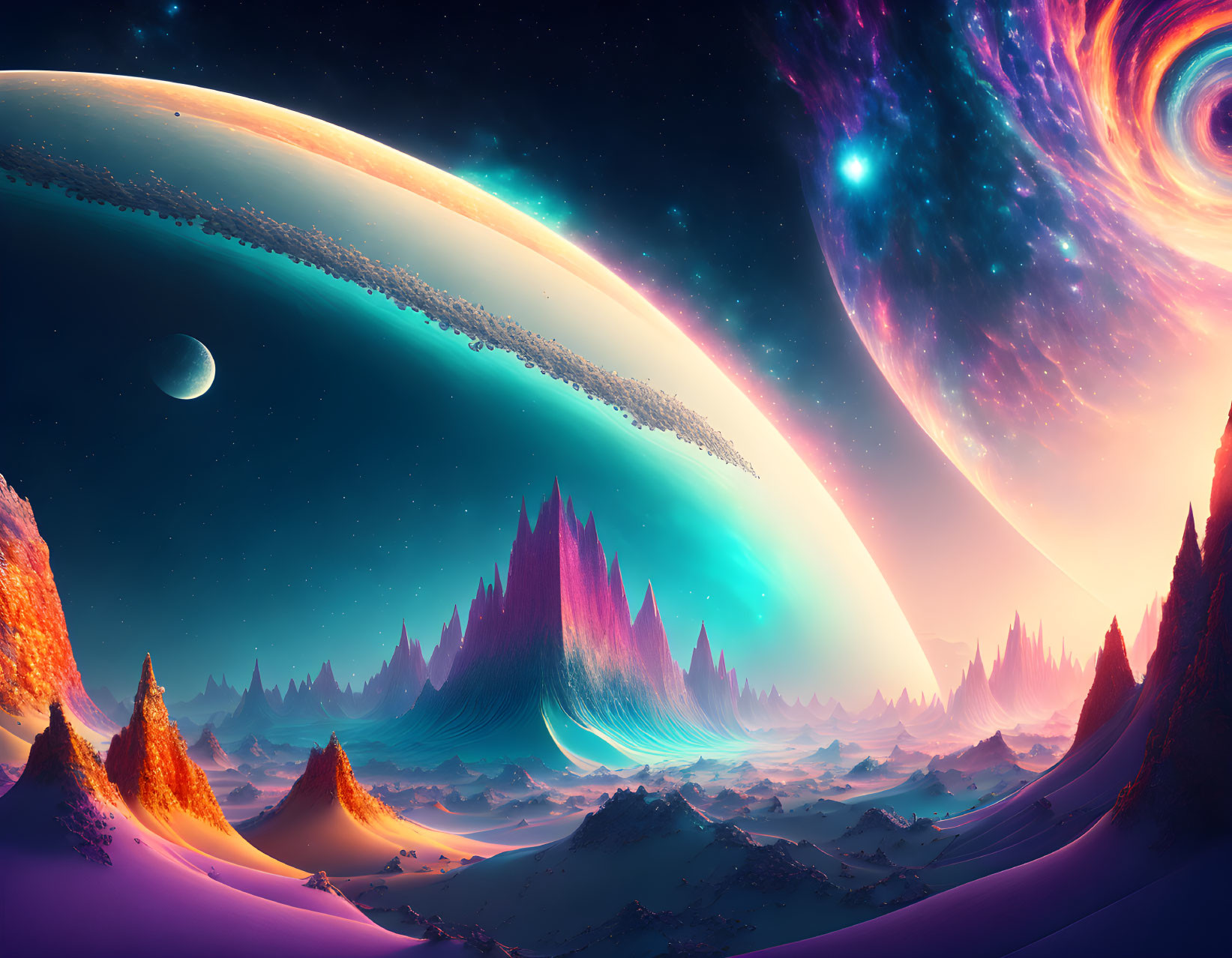 Colorful sci-fi landscape with aurora mountains, ringed planet, moon, and galaxy.