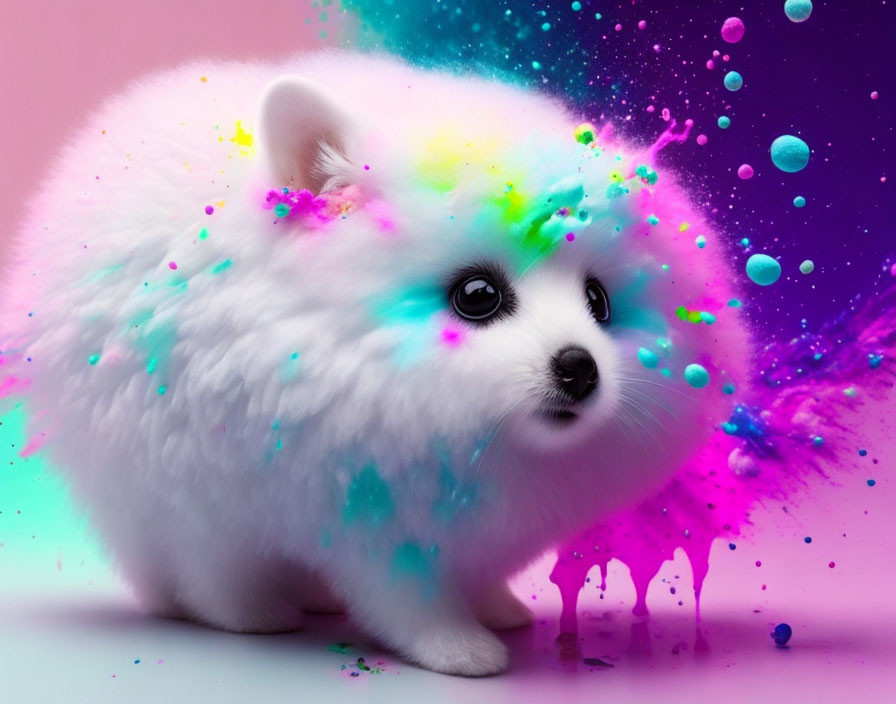 Fluffy white dog with pink, blue, and green paint splash on gradient background