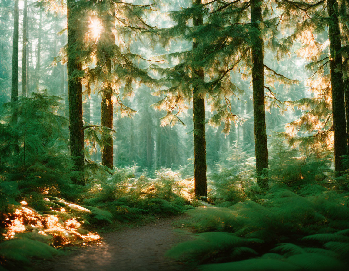 Lush forest with sunlight filtering through tall trees