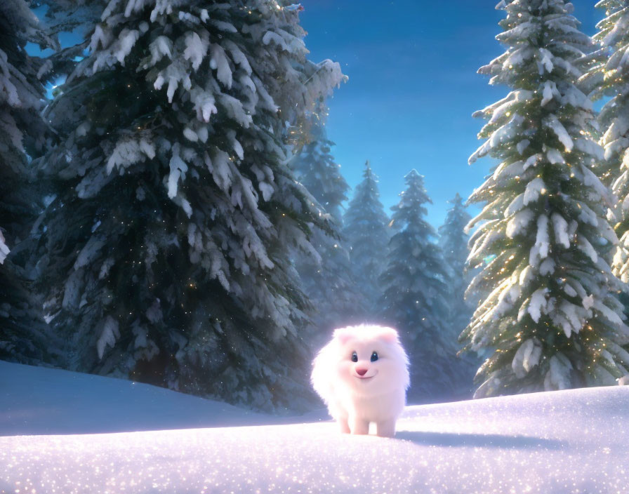 Fluffy White Dog in Snowy Landscape with Pine Trees