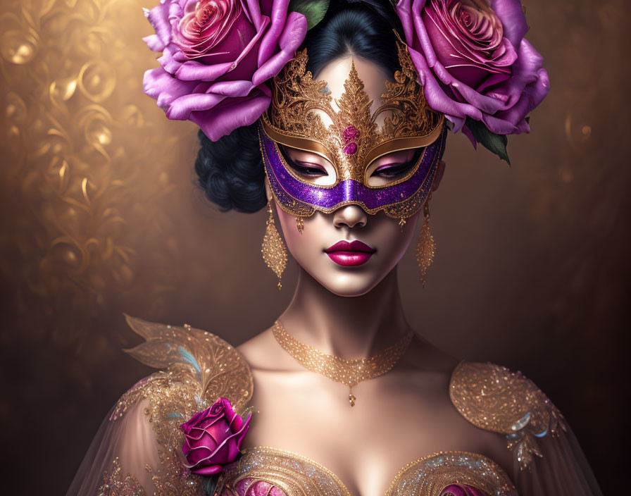 Woman in Purple Mask Surrounded by Roses on Golden Background