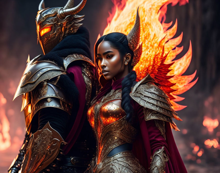 Fantasy battle scene with woman in red and gold armor and figure in black armor with fiery wings