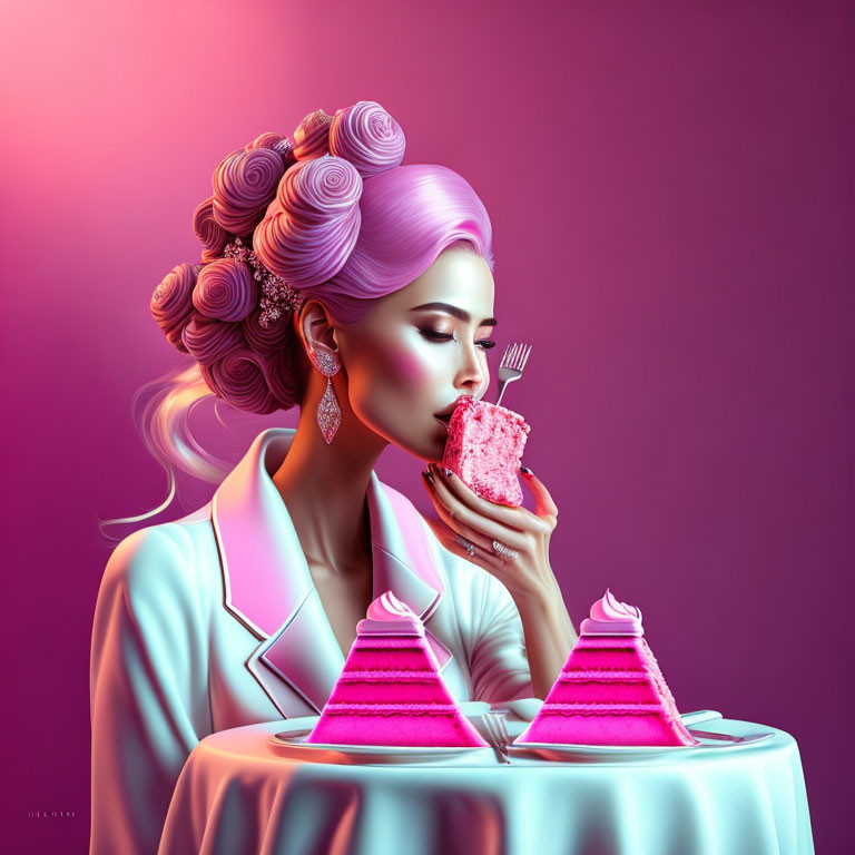 Stylized illustration of woman with pink hair eating pink cake