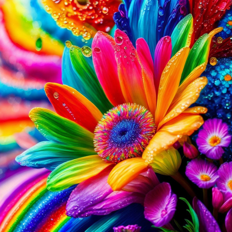 Colorful Close-Up of Rainbow Petal Flower with Dewdrops in Multicolored Flora