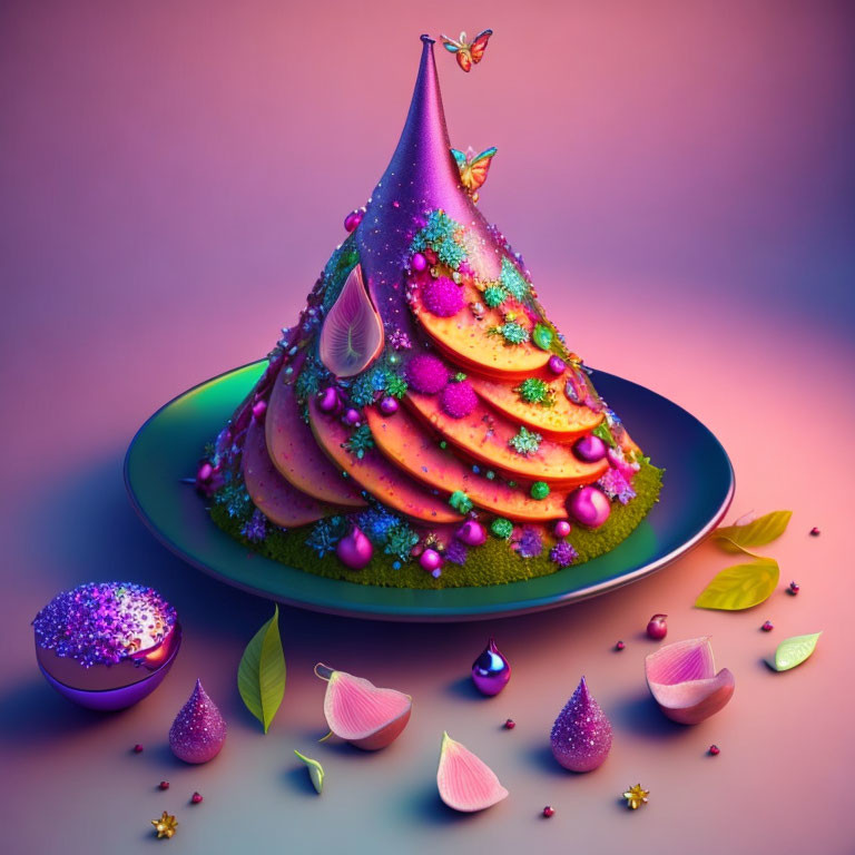 Colorful Cone-Shaped Structure with Vibrant Decorations on Pink Background