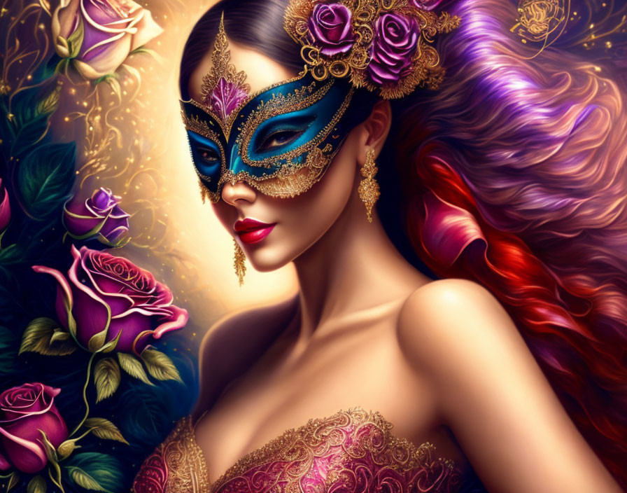 Multicolored hair woman with masquerade mask and roses in strapless gown