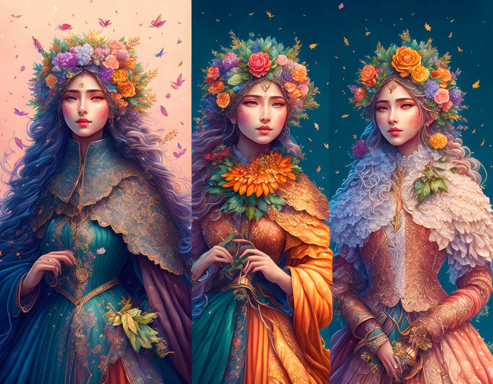 Illustrations of Women in Floral Crowns and Period Garments