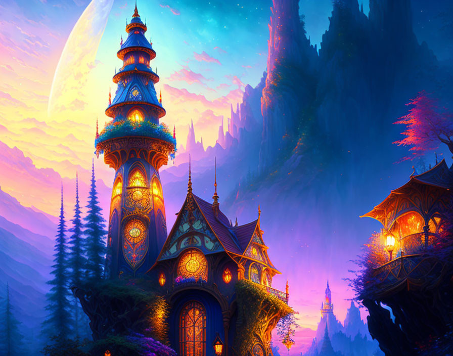 Fantasy landscape digital artwork with towering spire and vibrant sunset