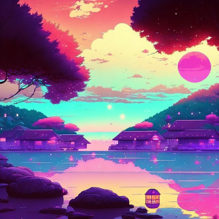 Surreal lakeside village art with pink and purple hues