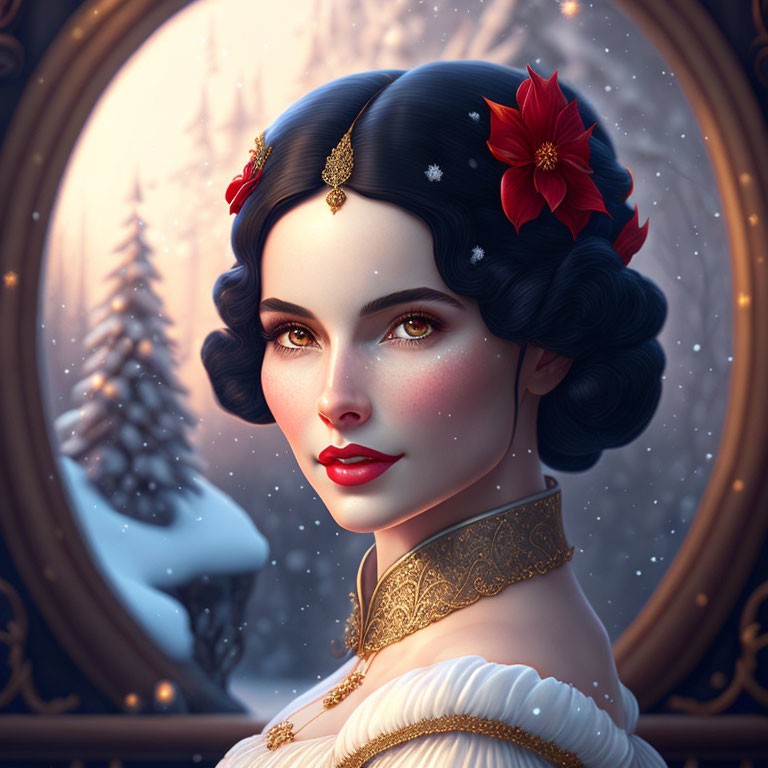 Illustrated portrait of woman with dark hair, red flowers, snowy landscape