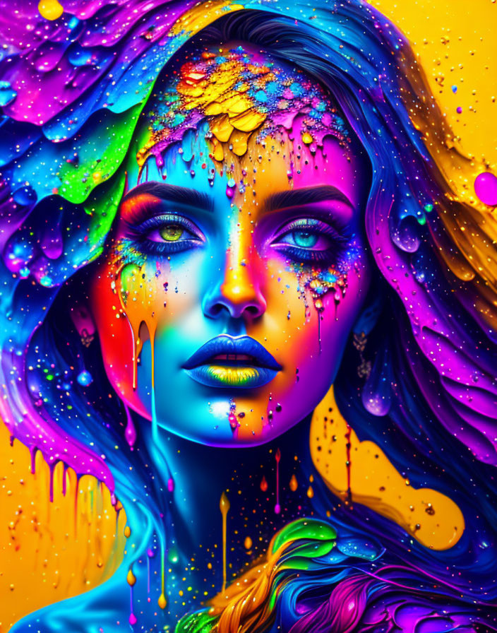 Colorful Digital Artwork: Woman with Melting Features on Yellow-Orange Background