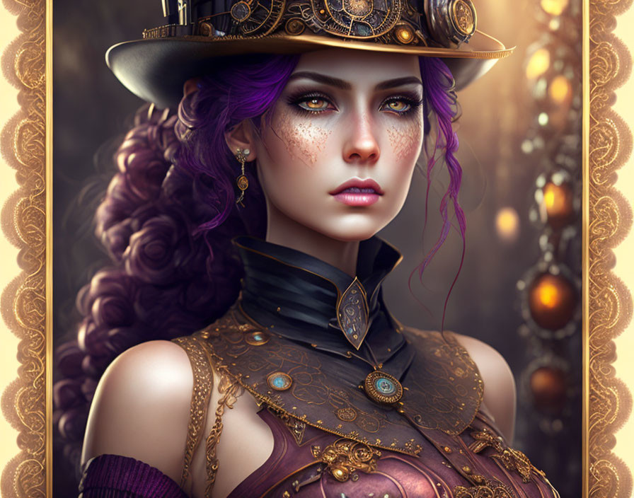 Purple-haired woman in steampunk attire with green eyes and hat goggles.