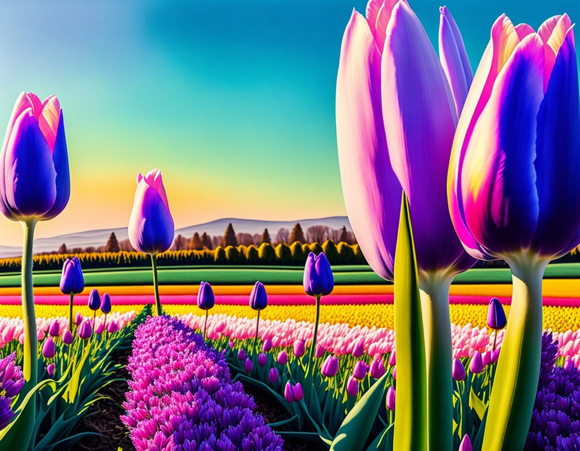 Colorful Tulip Field at Sunset with Rows of Flowers