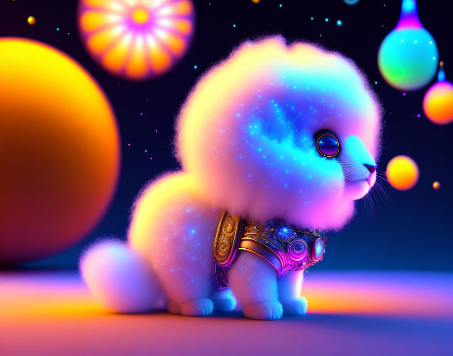 Cosmic-themed creature with starry fur and galaxy pattern in ornate golden accessories