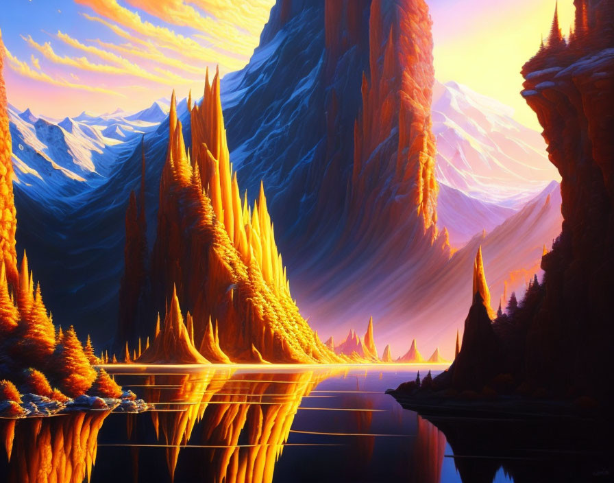 Tranquil sunset landscape with fiery trees, cliffs, and mountains