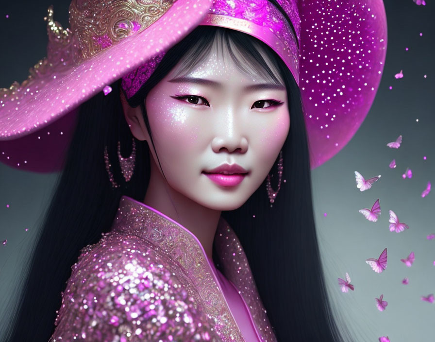 Digital artwork of woman in pink glittery outfit with butterflies