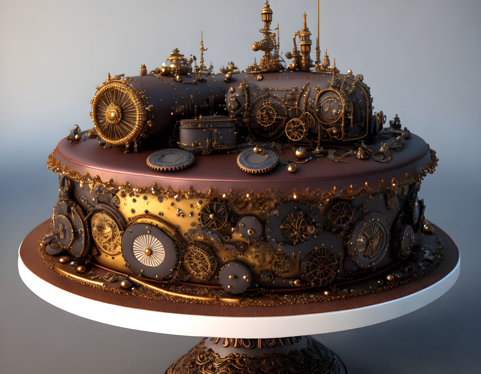 Steampunk-themed two-tier cake with metallic gears and cogs on gray background