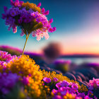 Colorful digital artwork of a woman with flowers in her hair in surreal landscape