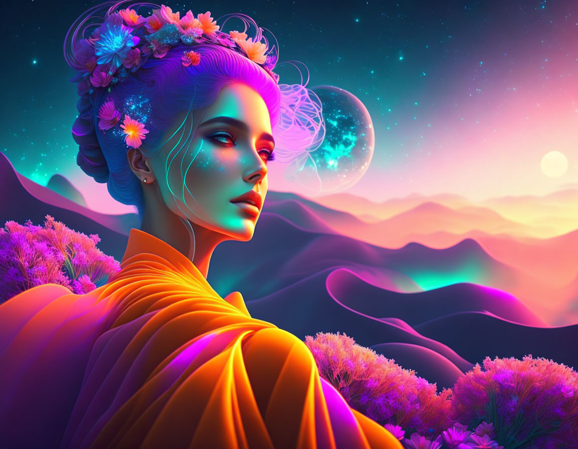 Colorful digital artwork of a woman with flowers in her hair in surreal landscape