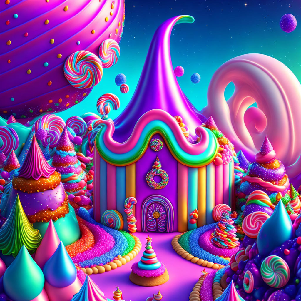 Colorful surreal candy structures in vibrant landscape