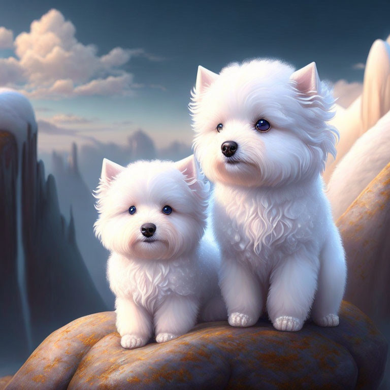 Fluffy White Dogs on Rock with Cliffs and Dusk Sky