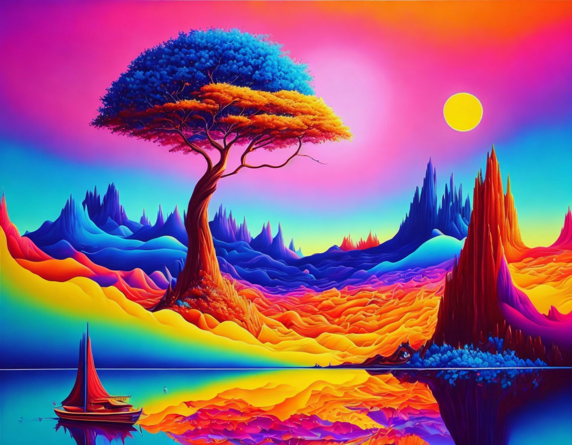 Colorful surreal landscape with tree, hills, and sailboat on water