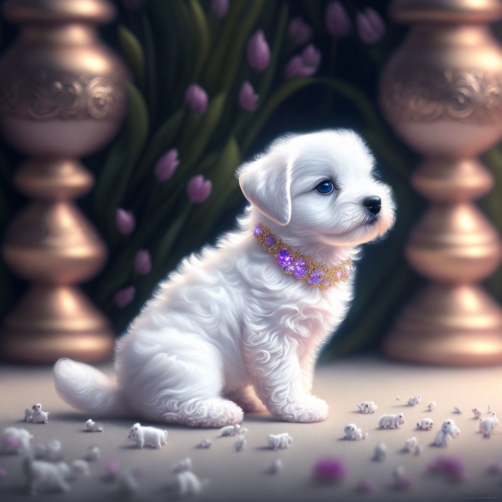 Fluffy white puppy with purple collar among white mice and pink flowers