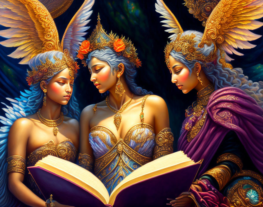 Three winged women in ornate attire reading a book on mystical blue background