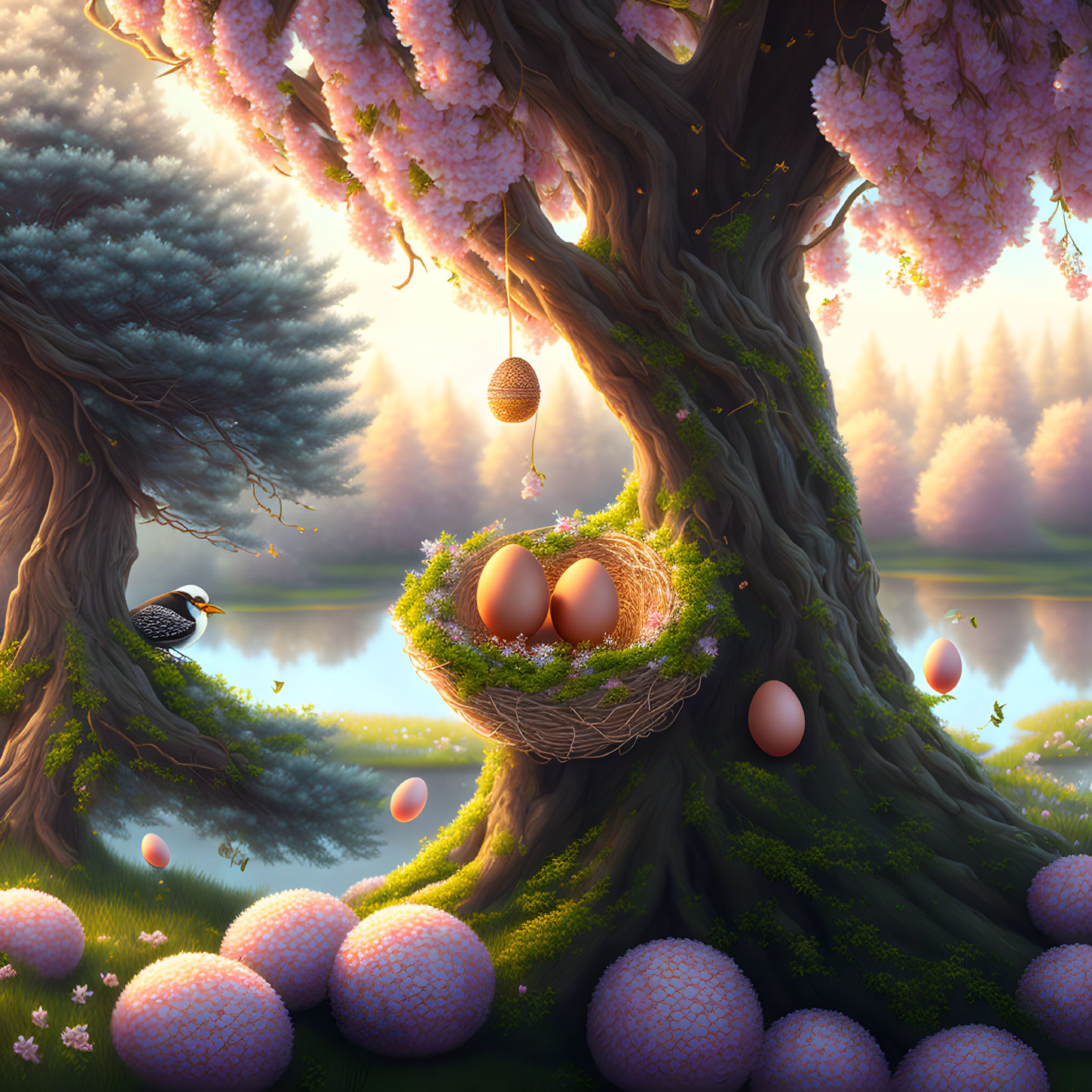 Fantasy sunrise landscape with bird nest, colorful trees, lake, and floating eggs