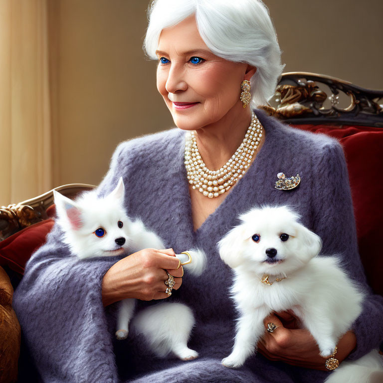 Elderly woman with white hair feeding fluffy white dogs on her lap