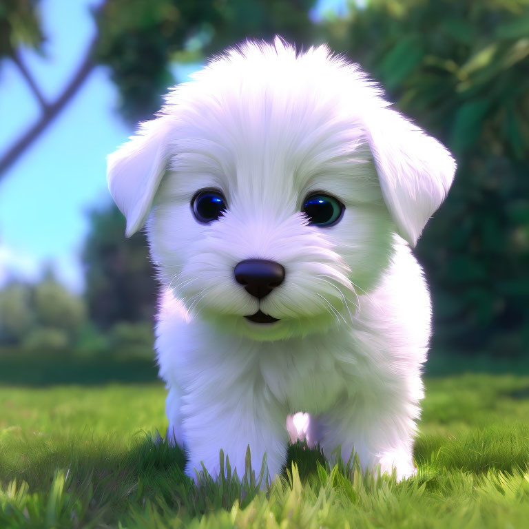 Fluffy white puppy with expressive eyes in sunlight on grass