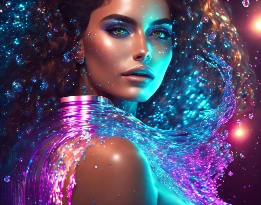 Vibrant blue skin woman with cosmic hair and green eyes in starry setting