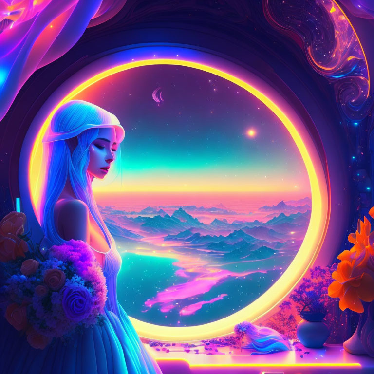 Pensive woman with headband in surreal cosmic setting holding bouquet