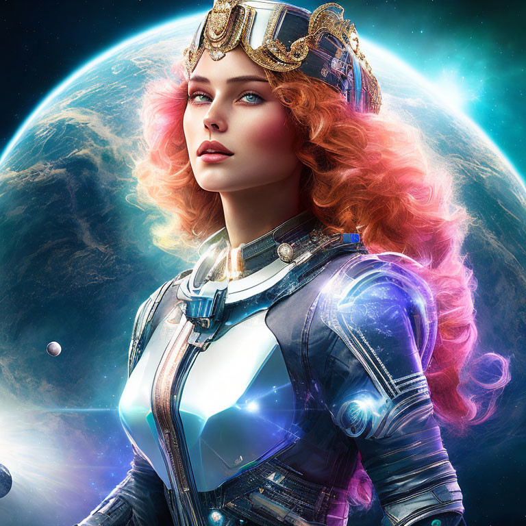 Digital artwork of woman with red hair in futuristic armor against vibrant space backdrop