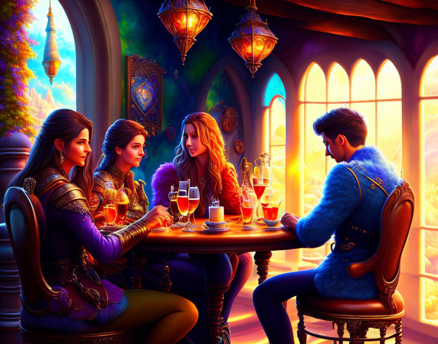 Four animated characters in medieval attire at a round table inside a vibrant tavern.